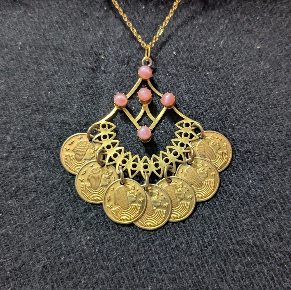 Gold Tone Pink Accent Egyptian Faux Coin Pendant Statement Necklace